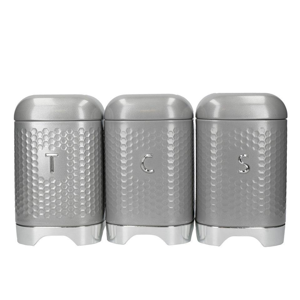 Set of 3 Sugar, Coffee, Tea Canisters / Caddies Hex Design - White, Blue or Silver Grey - Distinctly Living