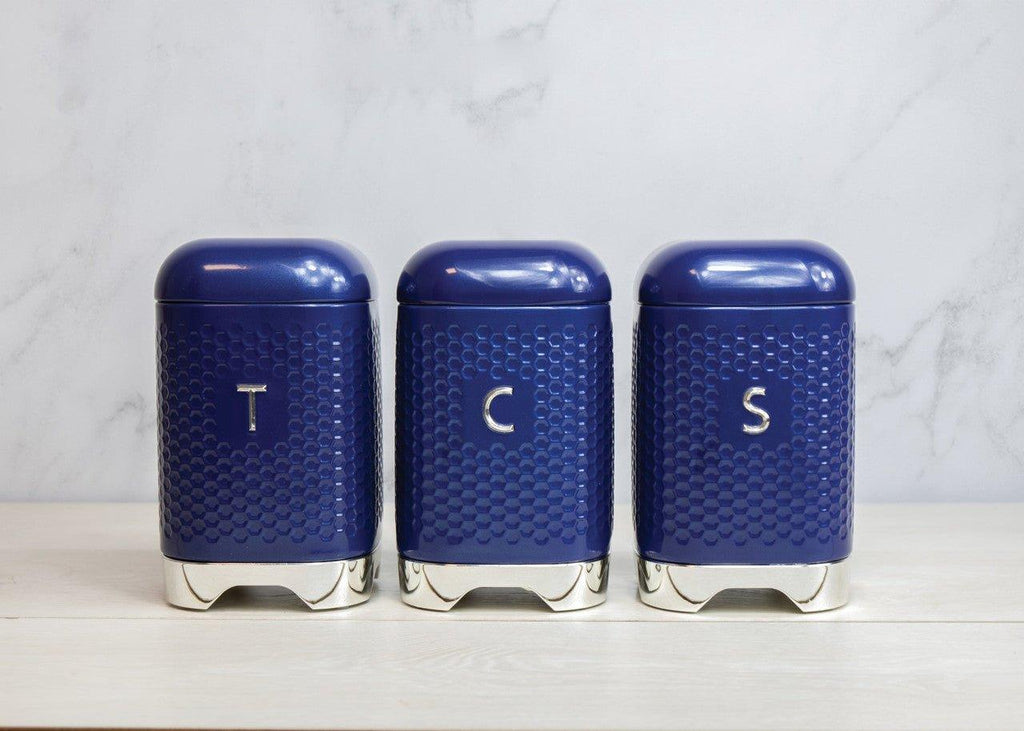 Set of 3 Sugar, Coffee, Tea Canisters / Caddies Hex Design - White, Blue or Silver Grey - Distinctly Living