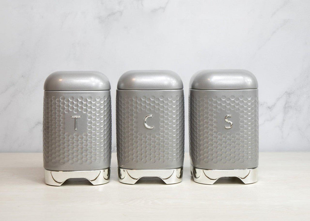 Set of 3 Sugar, Coffee, Tea Canisters / Caddies Hex Design - White, Blue or Silver Grey - Distinctly Living
